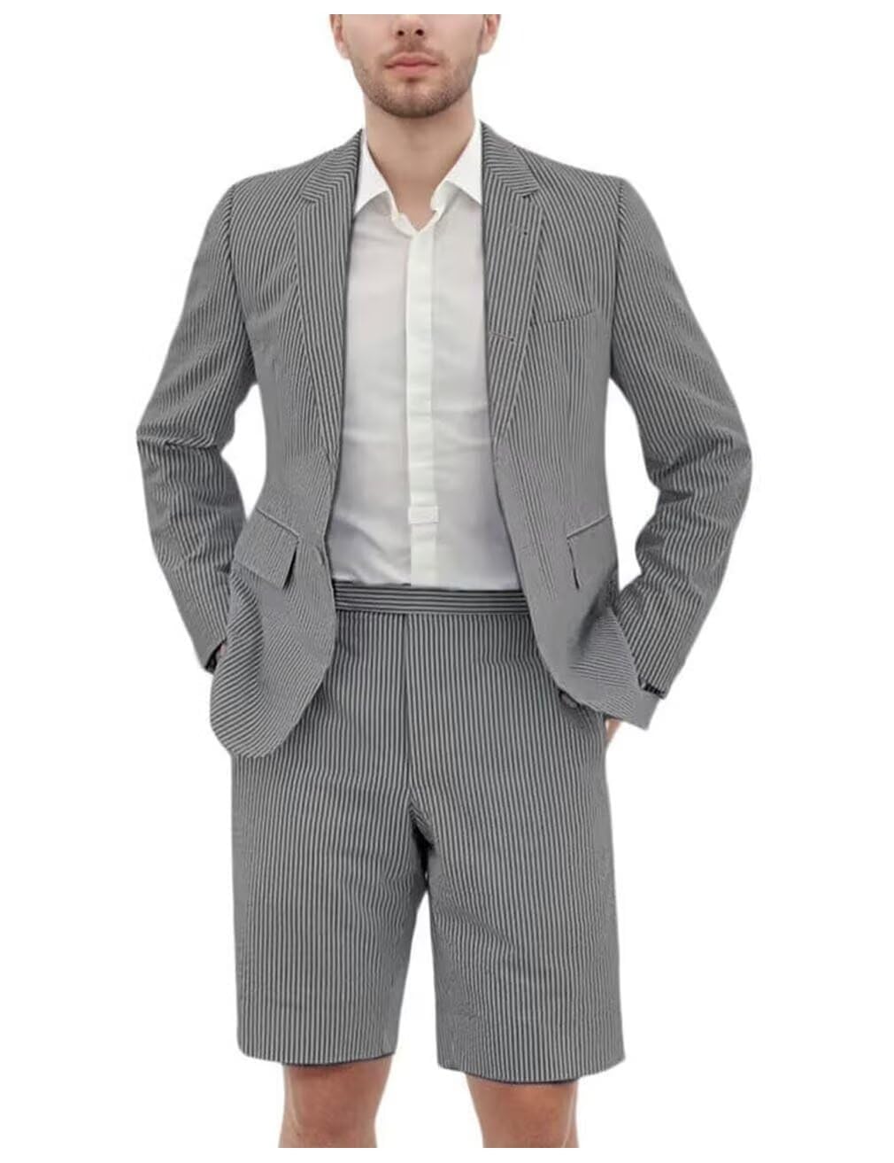 Seersucker Suit Mens Slim Jacket Shorts Set Casual 2 Piece Striped Suit Holiday Outfits for Summer Wedding Tuxedos