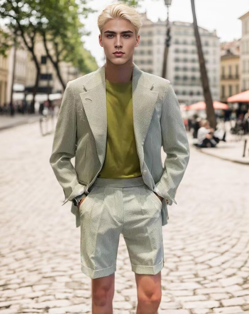 Seersucker Suit Mens Slim Jacket Shorts Set Casual 2 Piece Striped Suit Holiday Outfits for Summer Wedding Tuxedos