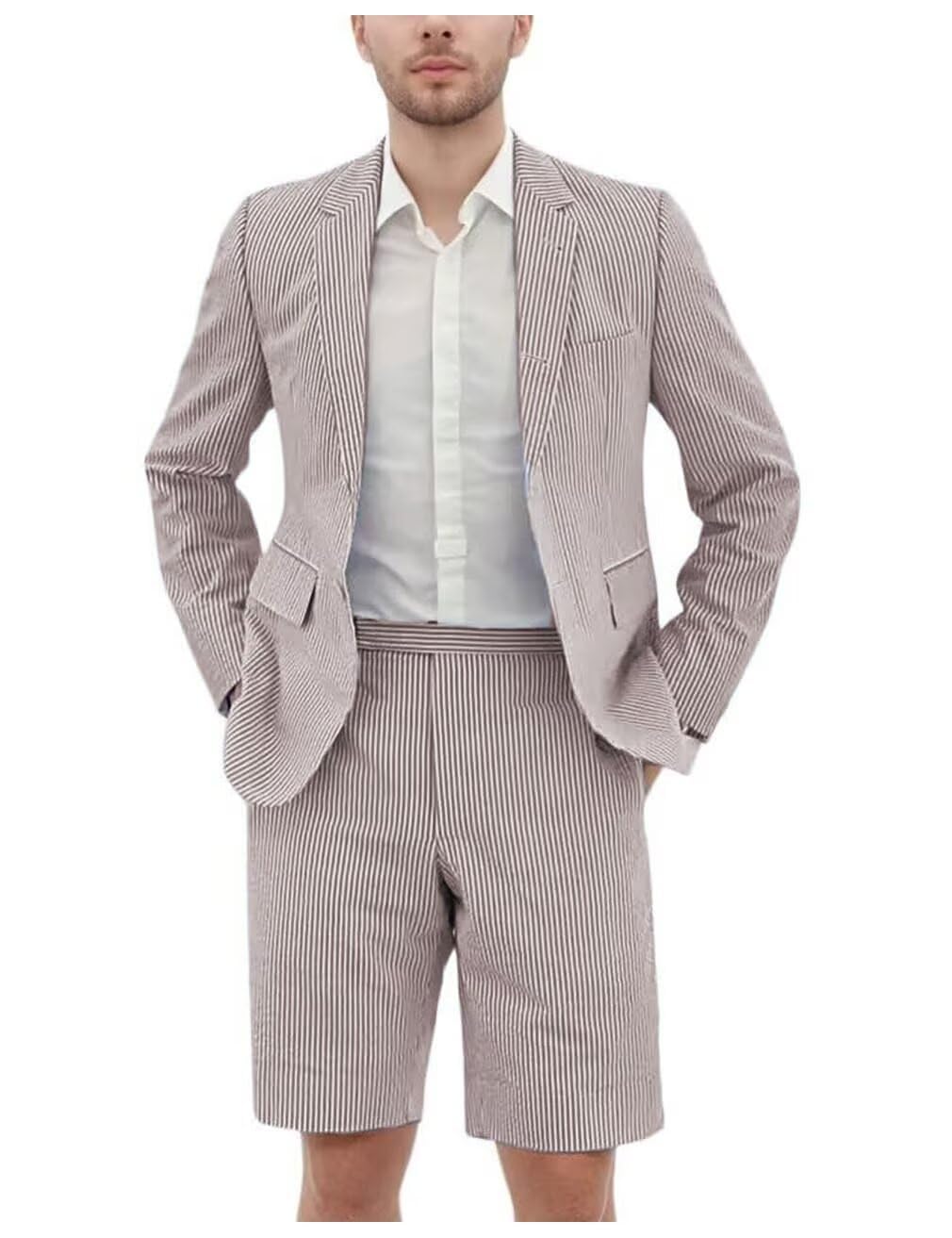 Seersucker Suit Mens Slim Jacket Shorts Set Casual 2 Piece Striped Suit Holiday Outfits for Summer Wedding Tuxedos