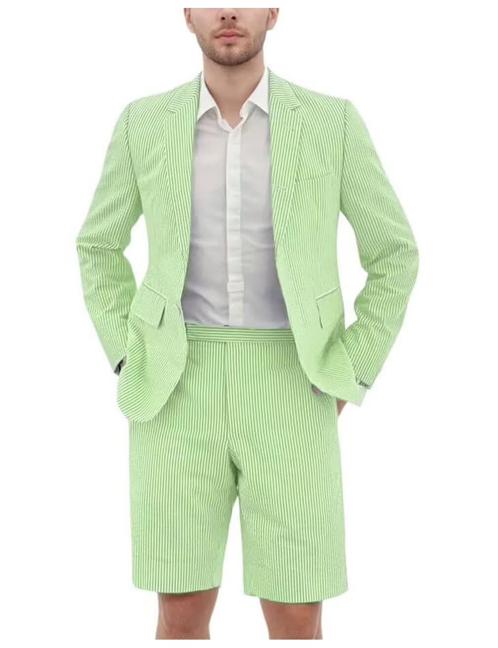 Seersucker Suit Mens Slim Jacket Shorts Set Casual 2 Piece Striped Suit Holiday Outfits for Summer Wedding Tuxedos