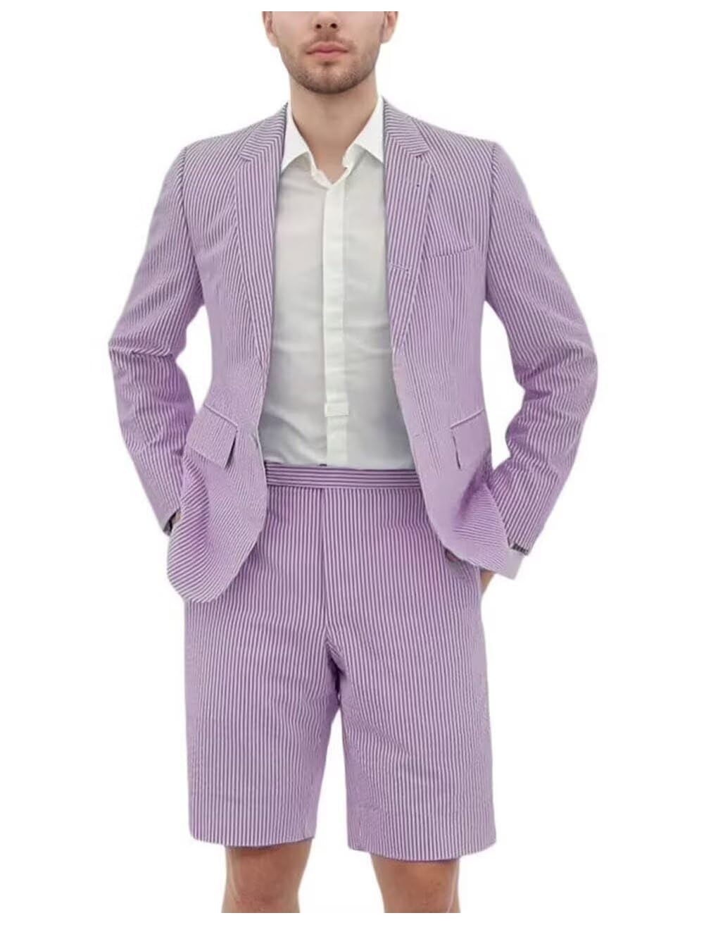 Seersucker Suit Mens Slim Jacket Shorts Set Casual 2 Piece Striped Suit Holiday Outfits for Summer Wedding Tuxedos