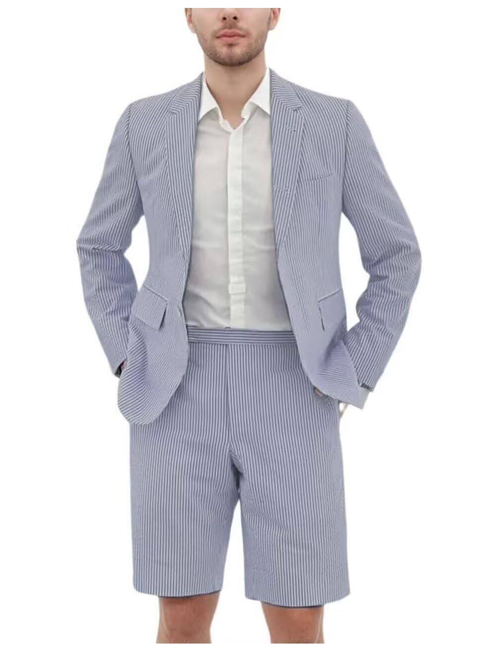 Seersucker Suit Mens Slim Jacket Shorts Set Casual 2 Piece Striped Suit Holiday Outfits for Summer Wedding Tuxedos
