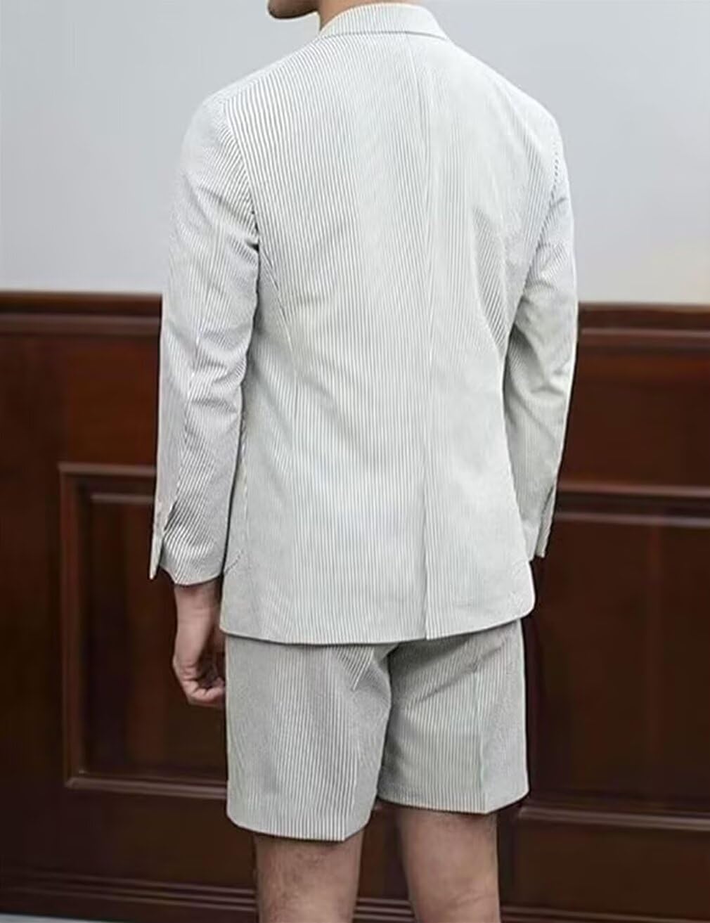 Seersucker Suit Mens Slim Jacket Shorts Set Casual 2 Piece Striped Suit Holiday Outfits for Summer Wedding Tuxedos