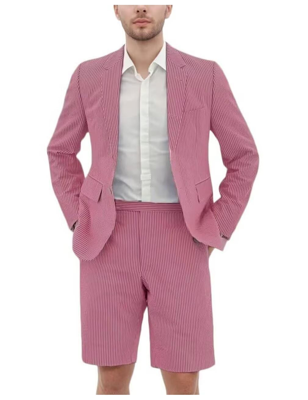 Seersucker Suit Mens Slim Jacket Shorts Set Casual 2 Piece Striped Suit Holiday Outfits for Summer Wedding Tuxedos