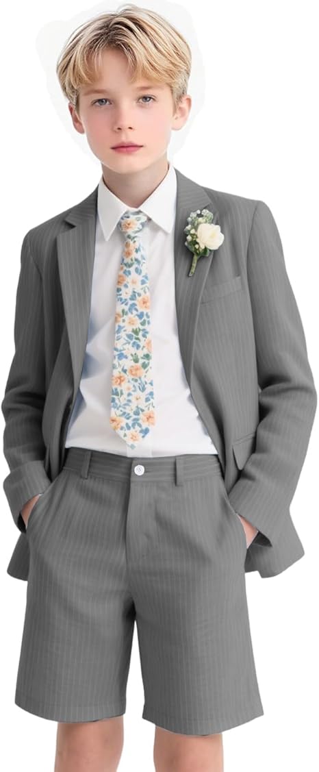 Boys Seersucker Suits 2 Pieces boy Sets for Teens Striped Blazer Short Pants Summer Kids Tuxedos Wedding Outfit