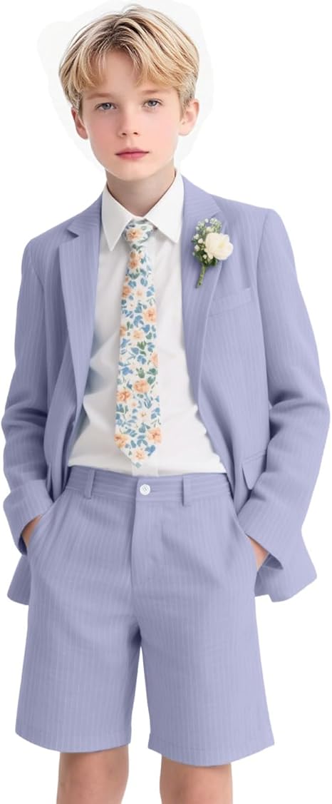 Boys Seersucker Suits 2 Pieces boy Sets for Teens Striped Blazer Short Pants Summer Kids Tuxedos Wedding Outfit