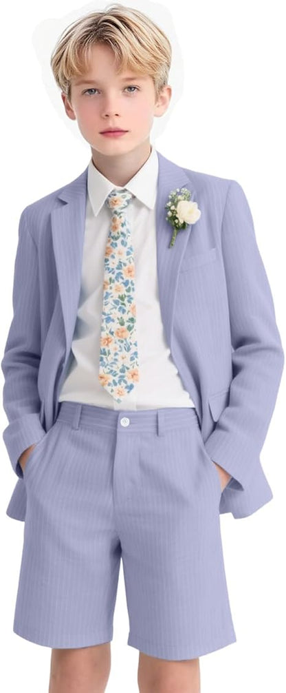 Boys Seersucker Suits 2 Pieces boy Sets for Teens Striped Blazer Short Pants Summer Kids Tuxedos Wedding Outfit