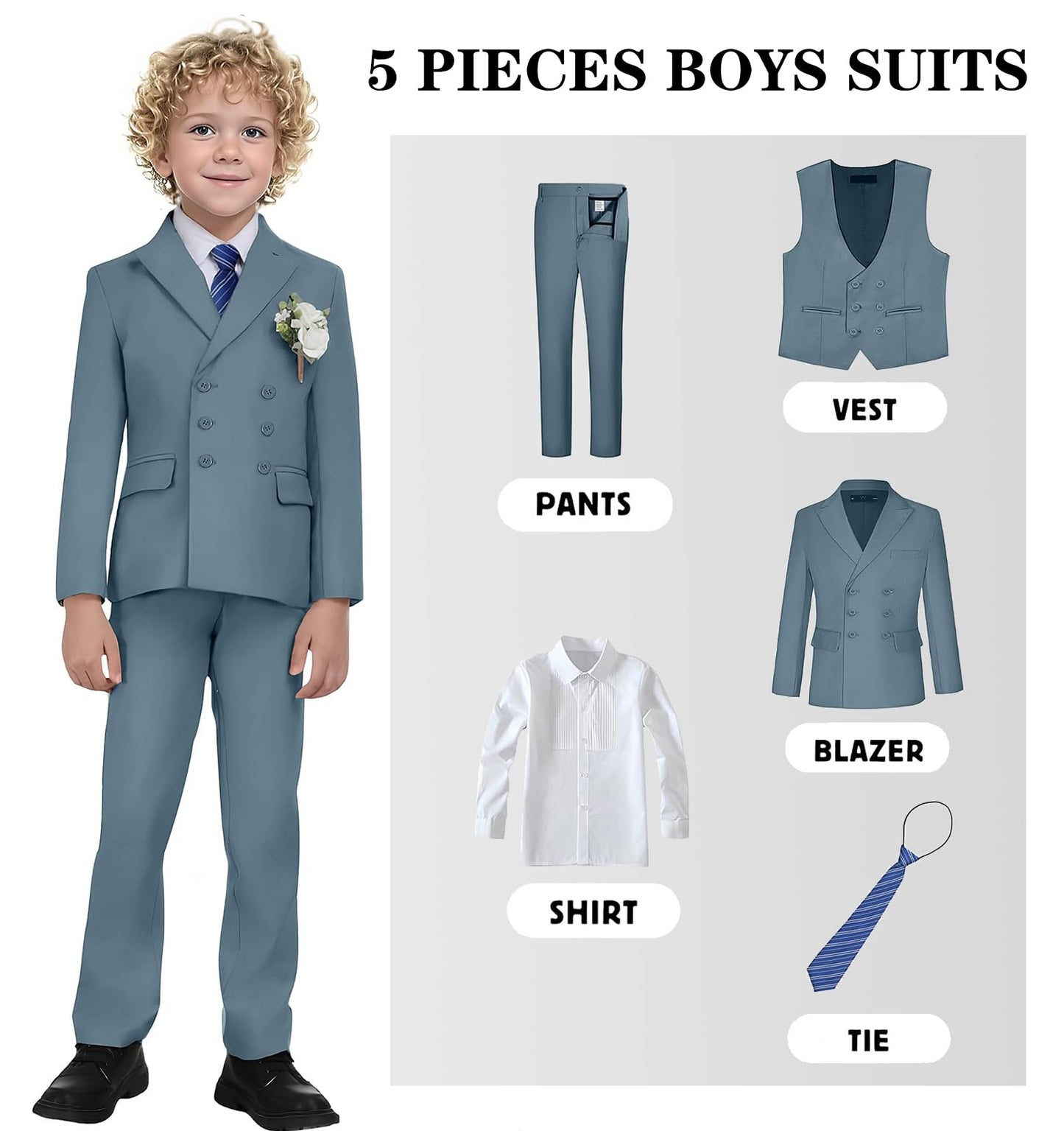 5 Piece Suit for Boys Slim Fit Formal Suit Double Button Kids Wedding Ring Bearer Outfits Tuxedo Suit Set