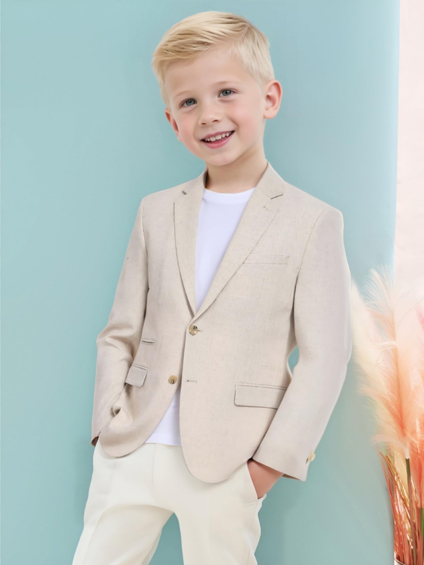 Boys Linen Suit Jacket Casual Summer Suit for Kids Two Button Sport Coat Linen Blazer Wedding Guest Outfit Lightweight