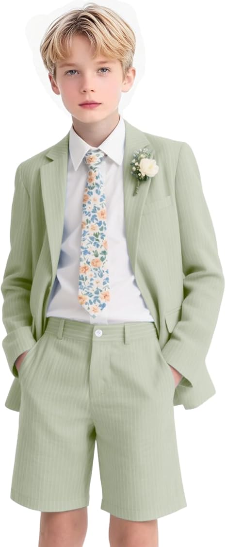 Boys Seersucker Suits 2 Pieces boy Sets for Teens Striped Blazer Short Pants Summer Kids Tuxedos Wedding Outfit