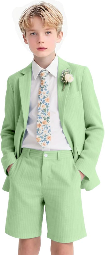 Boys Seersucker Suits 2 Pieces boy Sets for Teens Striped Blazer Short Pants Summer Kids Tuxedos Wedding Outfit