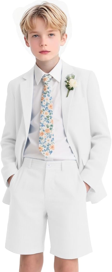 Boys Seersucker Suits 2 Pieces boy Sets for Teens Striped Blazer Short Pants Summer Kids Tuxedos Wedding Outfit