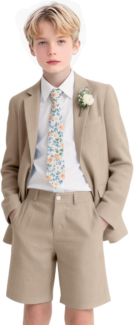 Boys Seersucker Suits 2 Pieces boy Sets for Teens Striped Blazer Short Pants Summer Kids Tuxedos Wedding Outfit