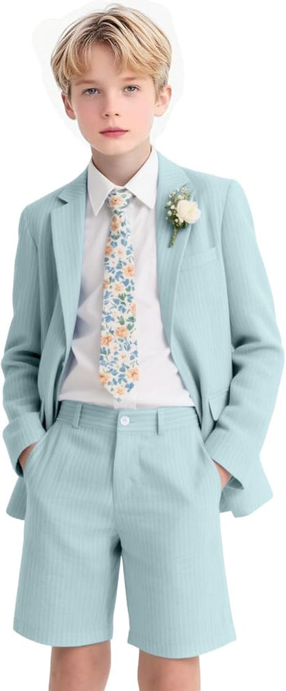 Boys Seersucker Suits 2 Pieces boy Sets for Teens Striped Blazer Short Pants Summer Kids Tuxedos Wedding Outfit