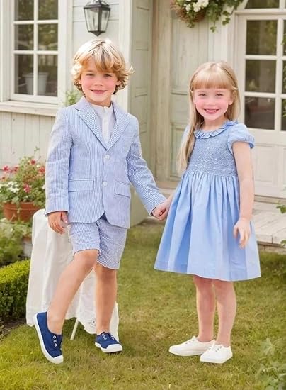 Boys Seersucker Suits 2 Pieces boy Sets for Teens Striped Blazer Short Pants Summer Kids Tuxedos Wedding Outfit