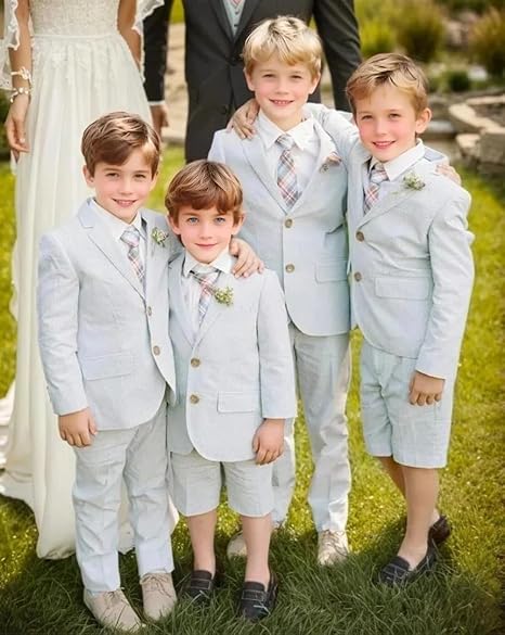 Boys Seersucker Suits 2 Pieces boy Sets for Teens Striped Blazer Short Pants Summer Kids Tuxedos Wedding Outfit